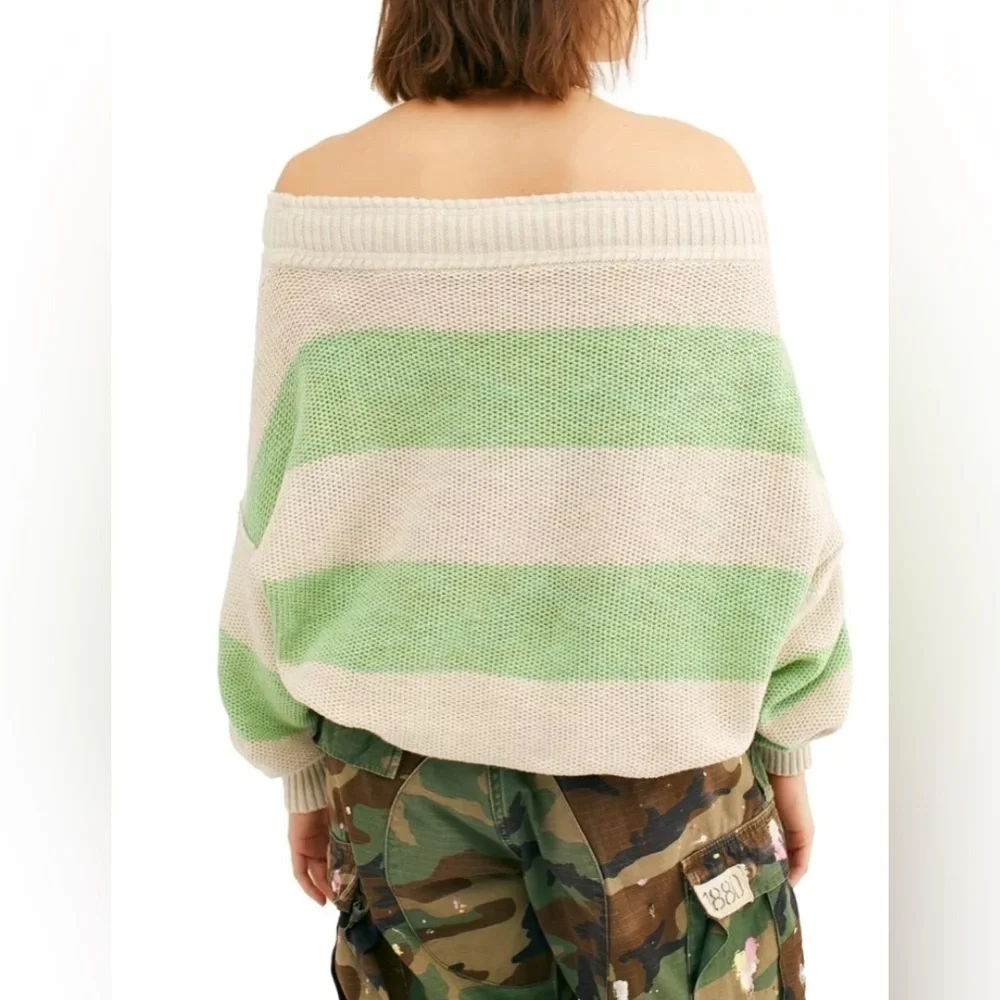 NWT Free People Cassidy Off Shoulder Sweater Striped Wild Green Combo XS